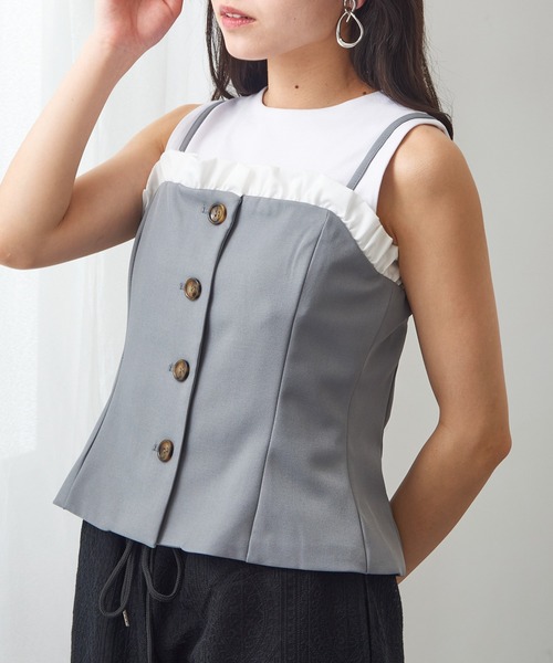 MAGASIN DE MODE Chou Chou（マガジンデモードシュシュ）の「【MAGASIN DE MODE Chou Chou】リネンタッチ×T/Cブロード フリル付きビスチェ XNN（キャミソール・レディース・グレー/ブラック/ライトベージュ・FREE）」の20枚目の写真