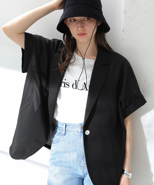 La TOTALITE(ラトータリテ)の「【洗える】シアーハーフスリーブジャケット(テーラードジャケット・レディース・ブラック/ベージュ・FREE)」の2枚目の写真