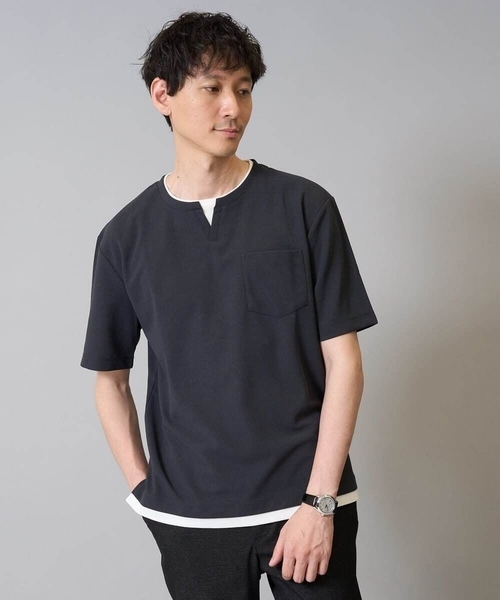 a.v.v（アーヴェヴェ）の「【接触冷感】梨地フェイクレイヤードカットソー【イージーケア/ストレッチ】（Tシャツ/カットソー・メンズ・ライトグレー/ネイビー/イエロー/ミント/チャコールグレー/オレンジ・48/50/46）」の2枚目の写真