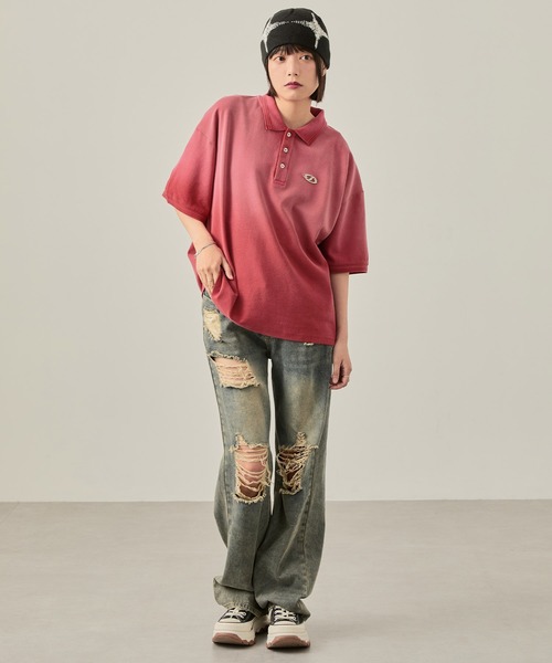 Snap club(スナップクラブ)の「【Snap club】ヴィンテージ加工 パウダーブリーチ メタルプレート半袖ポロシャツ(ポロシャツ・レディース・ブラック/サックスブルー/ブラウン/レッド・M/L)」の19枚目の写真