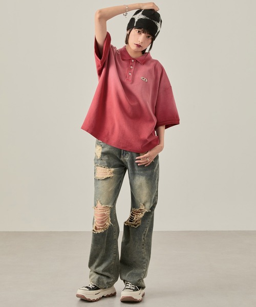 Snap club(スナップクラブ)の「【Snap club】ヴィンテージ加工 パウダーブリーチ メタルプレート半袖ポロシャツ(ポロシャツ・レディース・ブラック/サックスブルー/ブラウン/レッド・M/L)」の20枚目の写真