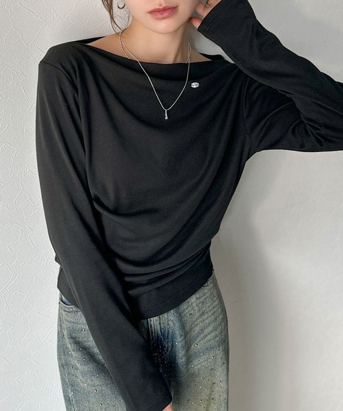mily bilet(ミウィビレット)の「【mily bilet】アシメデザインで美しく。シェルボタン使いドレープカットソー(長袖)(Tシャツ/カットソー・レディース・ブラック/アイボリー/レッド/オートミール・LARGE/MEDIUM/SMALL/X-LARGE)」の12枚目の写真