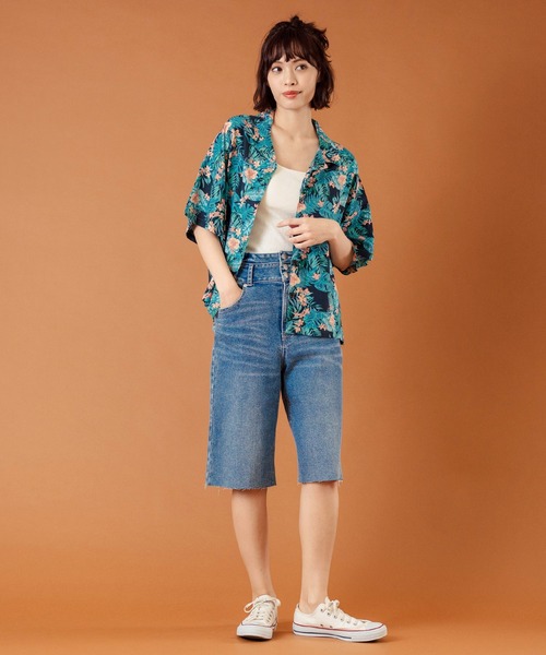 anap mimpi（アナップミンピ）の「ボタニカル柄 レーヨン 開襟 半袖 シャツ【セットアップ着用可】（シャツ/ブラウス・レディース・グリーン/ブラック・FREE）」の6枚目の写真