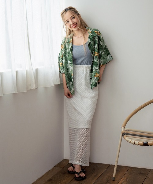 anap mimpi（アナップミンピ）の「ボタニカル柄 レーヨン 開襟 半袖 シャツ【セットアップ着用可】（シャツ/ブラウス・レディース・グリーン/ブラック・FREE）」の9枚目の写真