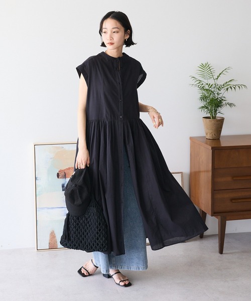 CRAFT STANDARD BOUTIQUE（クラフトスタンダードブティック）の「インド綿フレンチスリーブワンピース◆（シャツワンピース・レディース・ブラック/レッド・FREE）」の4枚目の写真