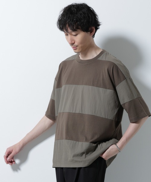 NANO universe(ナノユニバース)の「リラックス異素材ボーダーTシャツ 半袖(Tシャツ/カットソー・メンズ・ブラック/カーキ/ネイビー・M/L)」の3枚目の写真