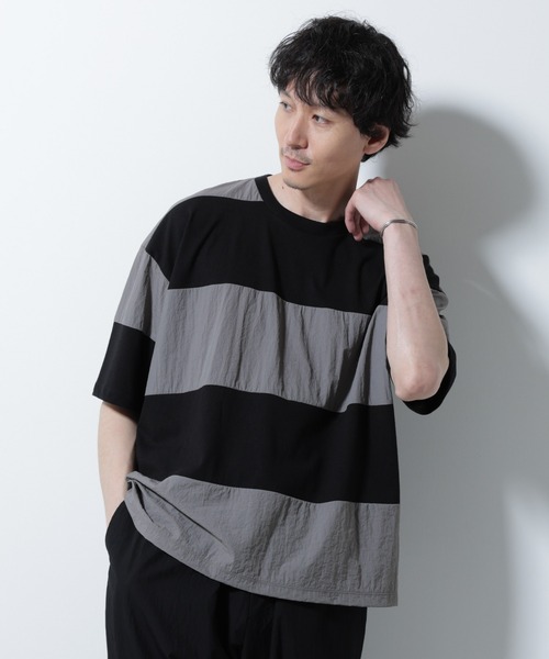 セール】リラックス異素材ボーダーTシャツ 半袖（Tシャツ/カットソー
