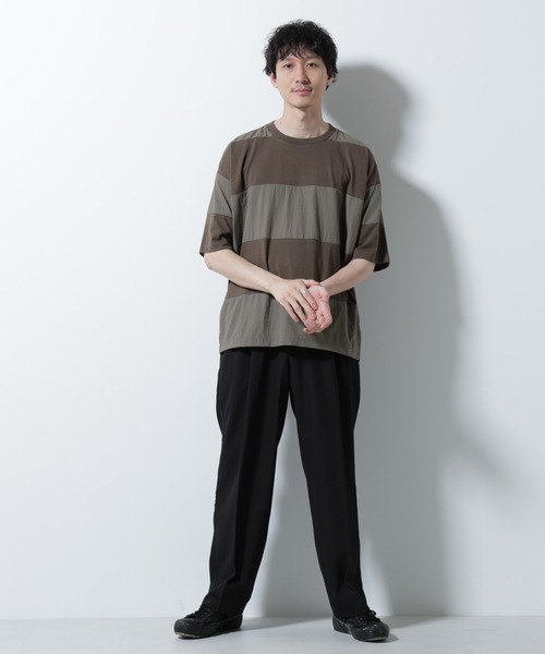 NANO universe(ナノユニバース)の「リラックス異素材ボーダーTシャツ 半袖(Tシャツ/カットソー・メンズ・ブラック/カーキ/ネイビー・M/L)」の15枚目の写真