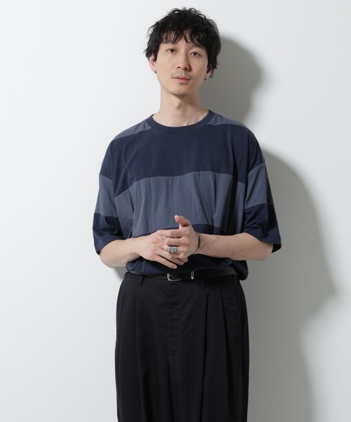 NANO universe(ナノユニバース)の「リラックス異素材ボーダーTシャツ 半袖(Tシャツ/カットソー・メンズ・ブラック/カーキ/ネイビー・M/L)」の13枚目の写真