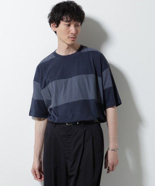 NANO universe(ナノユニバース)の「リラックス異素材ボーダーTシャツ 半袖(Tシャツ/カットソー・メンズ・ブラック/カーキ/ネイビー・M/L)」の12枚目の写真