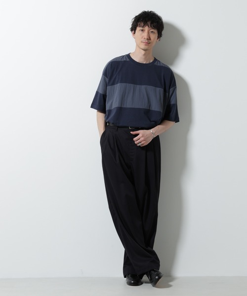 NANO universe(ナノユニバース)の「リラックス異素材ボーダーTシャツ 半袖(Tシャツ/カットソー・メンズ・ブラック/カーキ/ネイビー・M/L)」の9枚目の写真