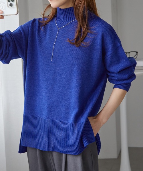 RANAN(ラナン)の「ハイネックワイドリブ使いカラーニットチュニック(ニット/セーター・レディース・アイボリー/ブラック/ブルー/レッド/ホワイト系その他・M/L/LL)」の4枚目の写真