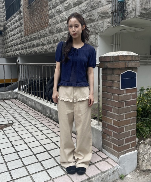 UNE MANSION（ユヌマンション）の「シースルーサマーニットパンチングフリルリボンカーディガン&キャミソールセット（ニット/セーター・レディース・ホワイト/レッド/ネイビー/イエロー・FREE）」の10枚目の写真