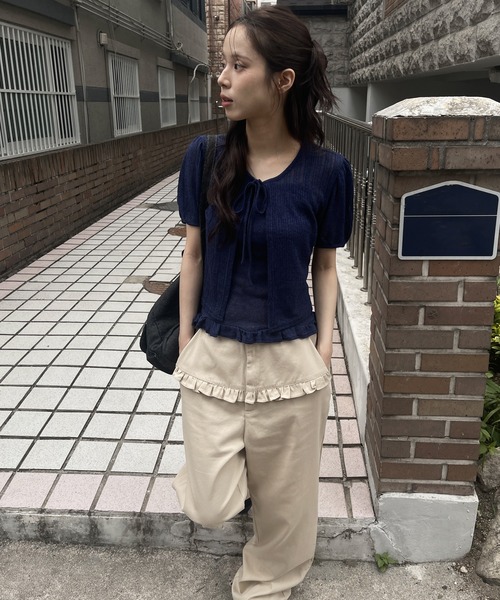 UNE MANSION（ユヌマンション）の「シースルーサマーニットパンチングフリルリボンカーディガン&キャミソールセット（ニット/セーター・レディース・ホワイト/レッド/ネイビー/イエロー・FREE）」の9枚目の写真