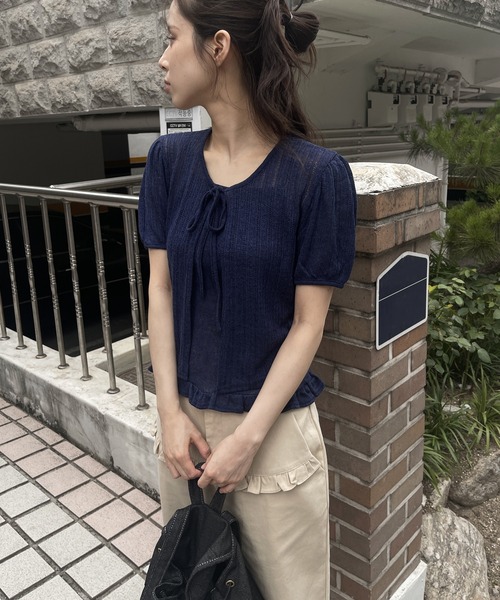 UNE MANSION（ユヌマンション）の「シースルーサマーニットパンチングフリルリボンカーディガン&キャミソールセット（ニット/セーター・レディース・ホワイト/レッド/ネイビー/イエロー・FREE）」の8枚目の写真