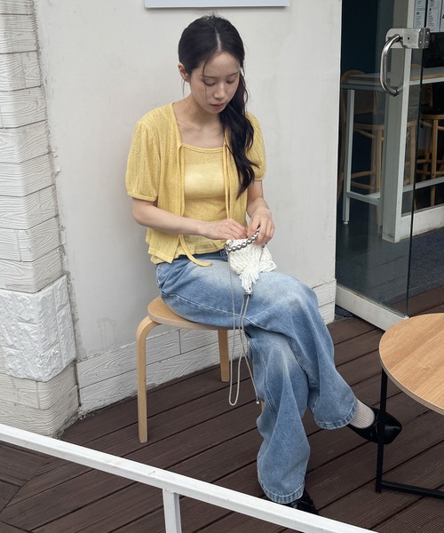 UNE MANSION（ユヌマンション）の「シースルーサマーニットパンチングフリルリボンカーディガン&キャミソールセット（ニット/セーター・レディース・ホワイト/レッド/ネイビー/イエロー・FREE）」の7枚目の写真