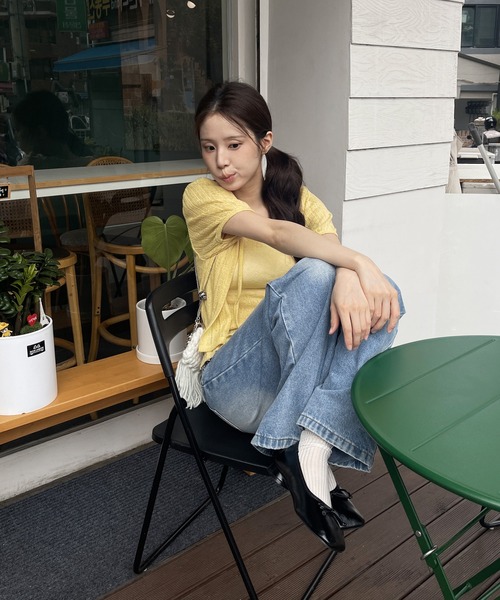 UNE MANSION（ユヌマンション）の「シースルーサマーニットパンチングフリルリボンカーディガン&キャミソールセット（ニット/セーター・レディース・ホワイト/レッド/ネイビー/イエロー・FREE）」の6枚目の写真