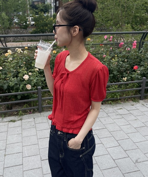 UNE MANSION（ユヌマンション）の「シースルーサマーニットパンチングフリルリボンカーディガン&キャミソールセット（ニット/セーター・レディース・ホワイト/レッド/ネイビー/イエロー・FREE）」の20枚目の写真