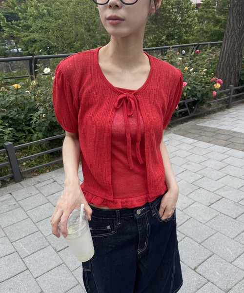 UNE MANSION（ユヌマンション）の「シースルーサマーニットパンチングフリルリボンカーディガン&キャミソールセット（ニット/セーター・レディース・ホワイト/レッド/ネイビー/イエロー・FREE）」の19枚目の写真