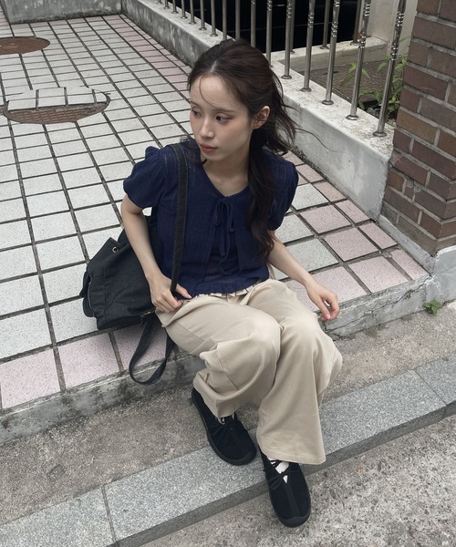 UNE MANSION（ユヌマンション）の「シースルーサマーニットパンチングフリルリボンカーディガン&キャミソールセット（ニット/セーター・レディース・ホワイト/レッド/ネイビー/イエロー・FREE）」の15枚目の写真