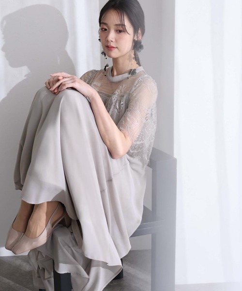PourVous(プールヴー)の「袖あり&ロング 同窓会 成人式 ハイネックスタンドカラースカラップ レース フレア 大きいサイズ 結婚式 二次会 フォーマル オケージョンドレス パーティー ドレス お呼ばれ 謝恩会 20代 30代(ドレス・レディース・ブルー/グレー/ブラック・M/L/XL)」の2枚目の写真