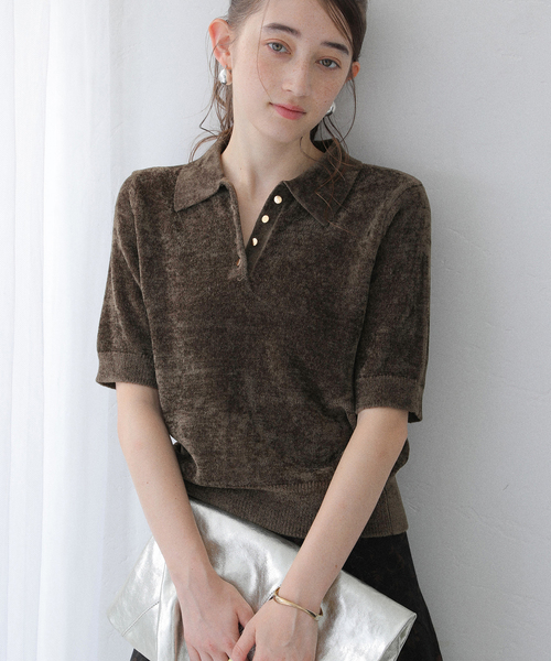 La TOTALITE（ラトータリテ）の「【洗える】ベロアハーフスリーブニット（ニット/セーター・レディース・ベージュ/ネイビー/ブラウン・FREE）」の2枚目の写真