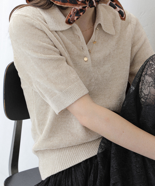 La TOTALITE（ラトータリテ）の「【洗える】ベロアハーフスリーブニット（ニット/セーター・レディース・ベージュ/ネイビー/ブラウン・FREE）」の14枚目の写真