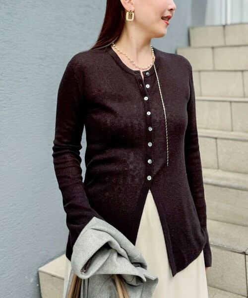 セール】カシミヤ混ガーゼ風リブクルーネックミディ丈カーディガン