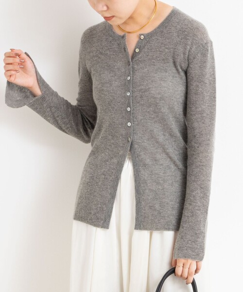 セール】カシミヤ混ガーゼ風リブクルーネックミディ丈カーディガン