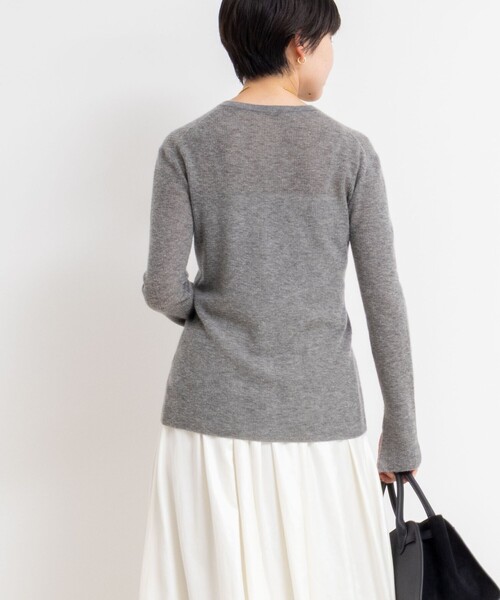 セール】カシミヤ混ガーゼ風リブクルーネックミディ丈カーディガン