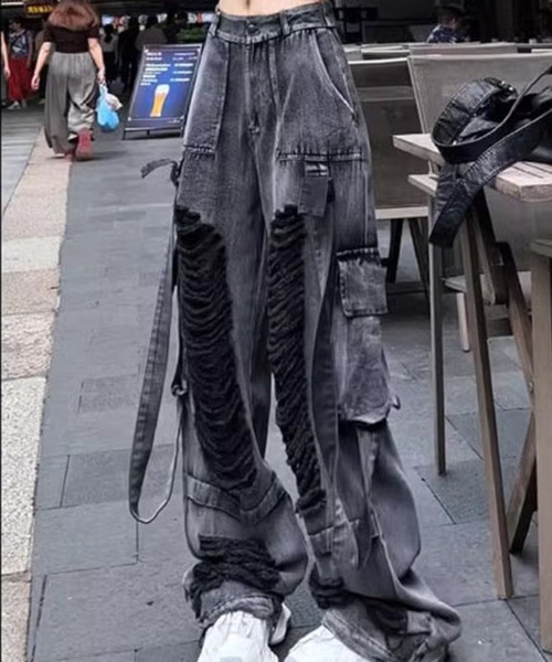 VIBGYOR(ヴィブジョー)の「クラッシュワイドデニムパンツ(BL)(デニムパンツ・メンズ・ブラック・MEDIUM/LARGE)」の2枚目の写真