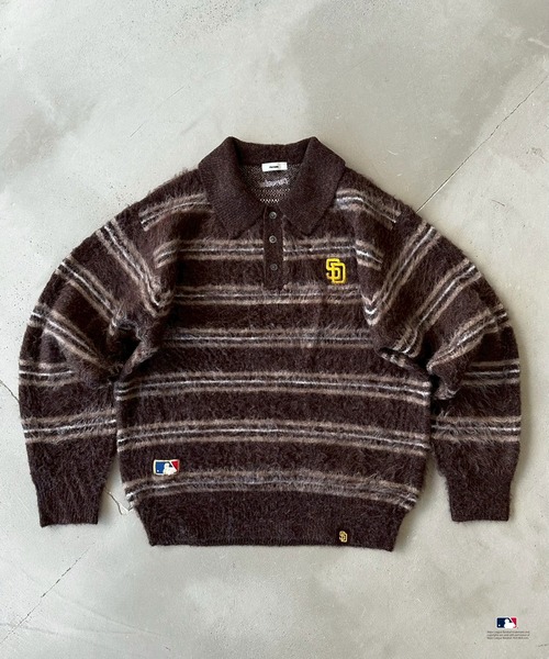 Perushu（ペルーシュ）の「Perushu × MLB モヘアライクボーダーポロニット（ニット/セーター・メンズ・チャコールグレー/ブラウン/ネイビー・LARGE/SMALL/MEDIUM）」の3枚目の写真