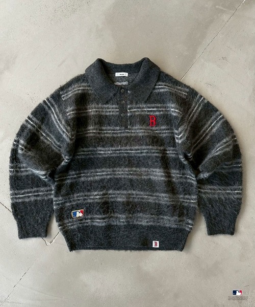 Perushu（ペルーシュ）の「Perushu × MLB モヘアライクボーダーポロニット（ニット/セーター・メンズ・チャコールグレー/ブラウン/ネイビー・LARGE/SMALL/MEDIUM）」の2枚目の写真