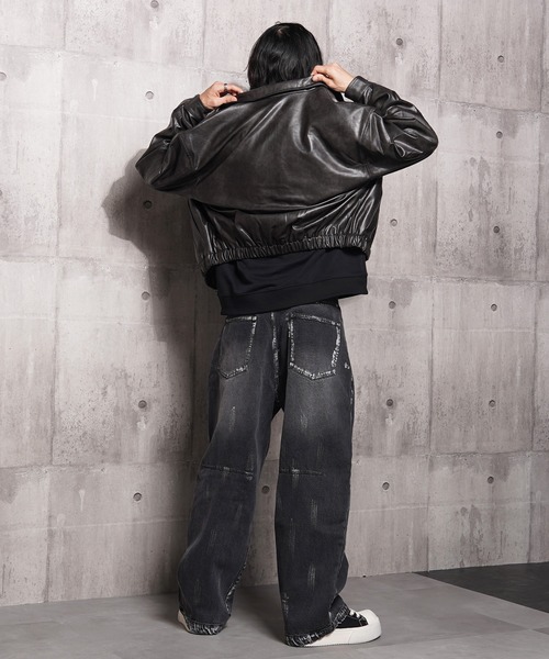 Laufer】 ヴィンテージライク 合皮 スタンド ショートジャケット