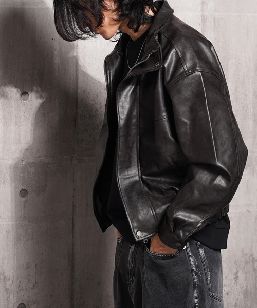 セール】【Laufer】 ヴィンテージライク 合皮 スタンド ショート