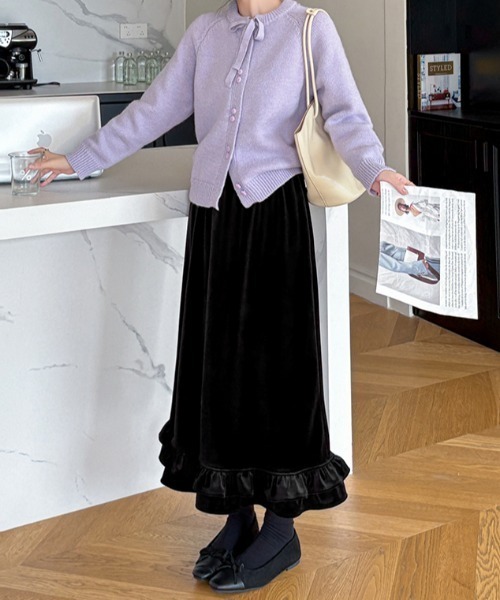 アルチビオ　★　 バック裾プリーツ ベロアスカート セール】バックスリット裾フリル切替ベロアスカート（スカート