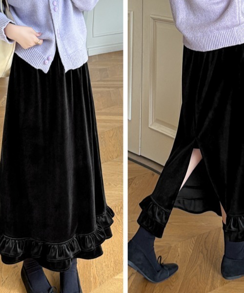 セール】バックスリット裾フリル切替ベロアスカート（スカート