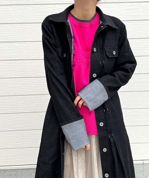 Q（キュー）の「デニムロングジャケット（デニムジャケット・レディース・ブラック/ネイビー・MEDIUM）」の17枚目の写真