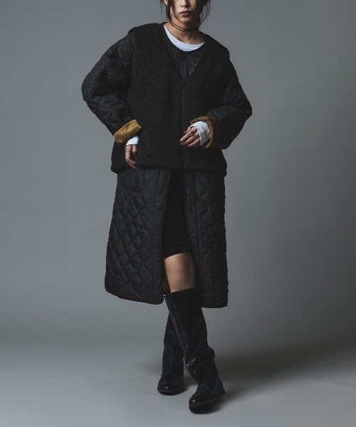 W:Huku（フーク）の「オニオン キルト ロング コート ボアベスト セット / Onion Quilt Long Coat Set（ダウンジャケット/コート・レディース・ブラック/ライトベージュ/カーキ・FREE）」の2枚目の写真