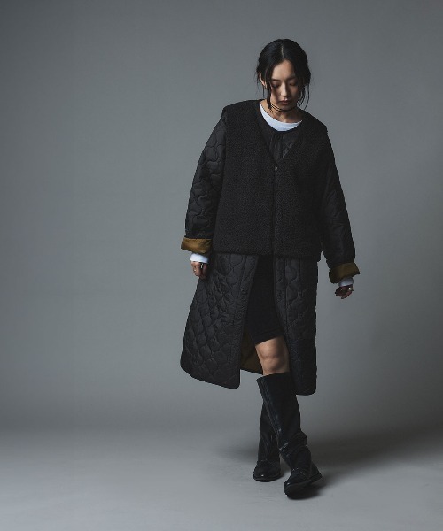 W:Huku（フーク）の「オニオン キルト ロング コート ボアベスト セット / Onion Quilt Long Coat Set（ダウンジャケット/コート・レディース・ブラック/ライトベージュ/カーキ・FREE）」の5枚目の写真
