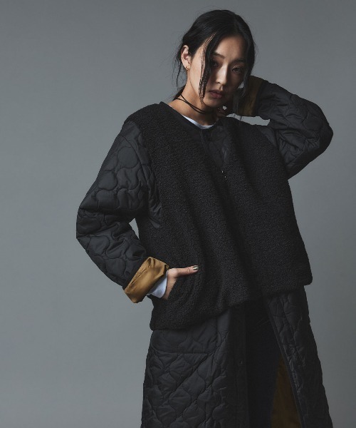 W:Huku（フーク）の「オニオン キルト ロング コート ボアベスト セット / Onion Quilt Long Coat Set（ダウンジャケット/コート・レディース・ブラック/ライトベージュ/カーキ・FREE）」の8枚目の写真