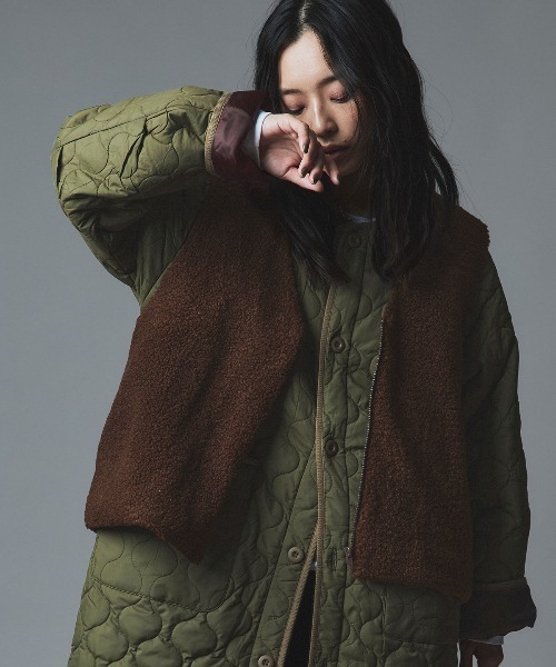 W:Huku（フーク）の「オニオン キルト ロング コート ボアベスト セット / Onion Quilt Long Coat Set（ダウンジャケット/コート・レディース・ブラック/ライトベージュ/カーキ・FREE）」の10枚目の写真