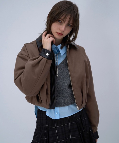 セール】フェイクレザーキリカエデザインタックブルゾン(HARE