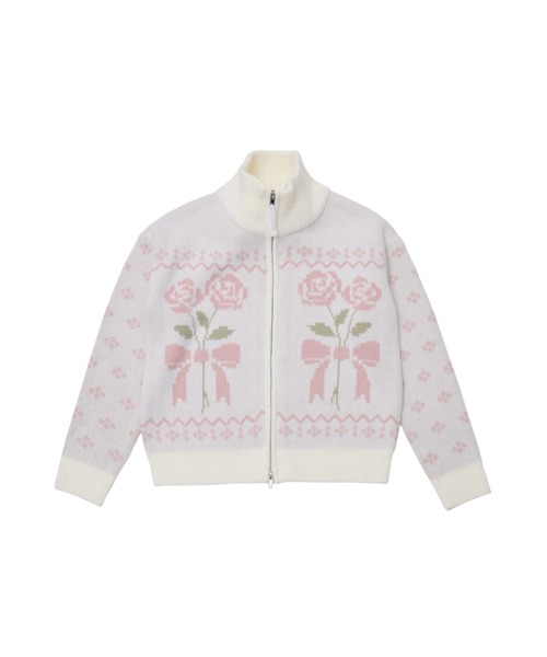 Lolime by mellfy memory(ロリミー バイ メルフィーメモリー)の「ribbon & floral cowichan knit zip up(カーディガン/ボレロ・レディース・ピンク/ブルー・FREE)」の1枚目の写真