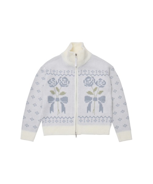 Lolime by mellfy memory(ロリミー バイ メルフィーメモリー)の「ribbon & floral cowichan knit zip up(カーディガン/ボレロ・レディース・ピンク/ブルー・FREE)」の2枚目の写真