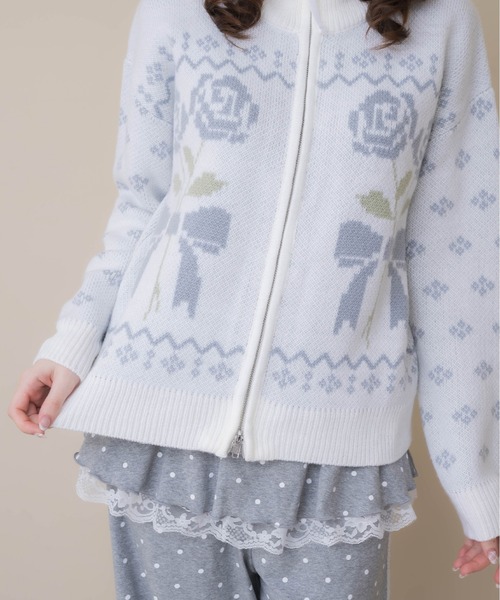 Lolime by mellfy memory(ロリミー バイ メルフィーメモリー)の「ribbon & floral cowichan knit zip up(カーディガン/ボレロ・レディース・ピンク/ブルー・FREE)」の6枚目の写真