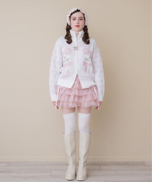Lolime by mellfy memory(ロリミー バイ メルフィーメモリー)の「ribbon & floral cowichan knit zip up(カーディガン/ボレロ・レディース・ピンク/ブルー・FREE)」の8枚目の写真