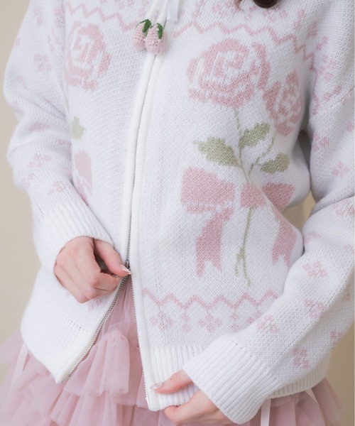 Lolime by mellfy memory(ロリミー バイ メルフィーメモリー)の「ribbon & floral cowichan knit zip up(カーディガン/ボレロ・レディース・ピンク/ブルー・FREE)」の3枚目の写真