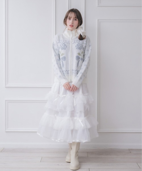 Lolime by mellfy memory(ロリミー バイ メルフィーメモリー)の「ribbon & floral cowichan knit zip up(カーディガン/ボレロ・レディース・ピンク/ブルー・FREE)」の7枚目の写真