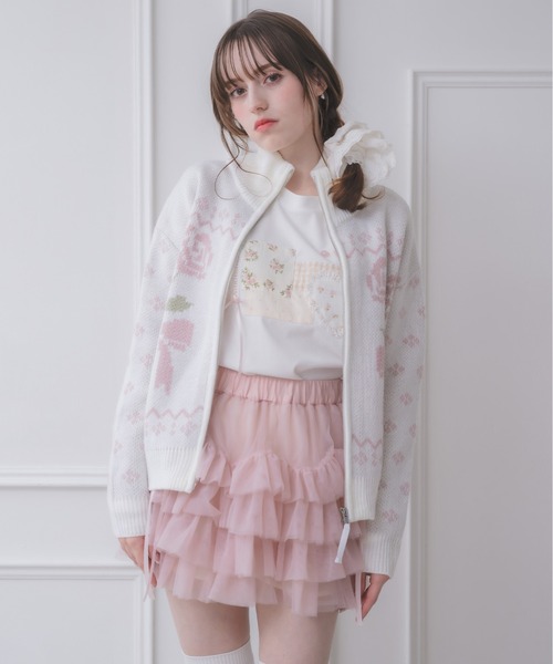 Lolime by mellfy memory(ロリミー バイ メルフィーメモリー)の「ribbon & floral cowichan knit zip up(カーディガン/ボレロ・レディース・ピンク/ブルー・FREE)」の4枚目の写真